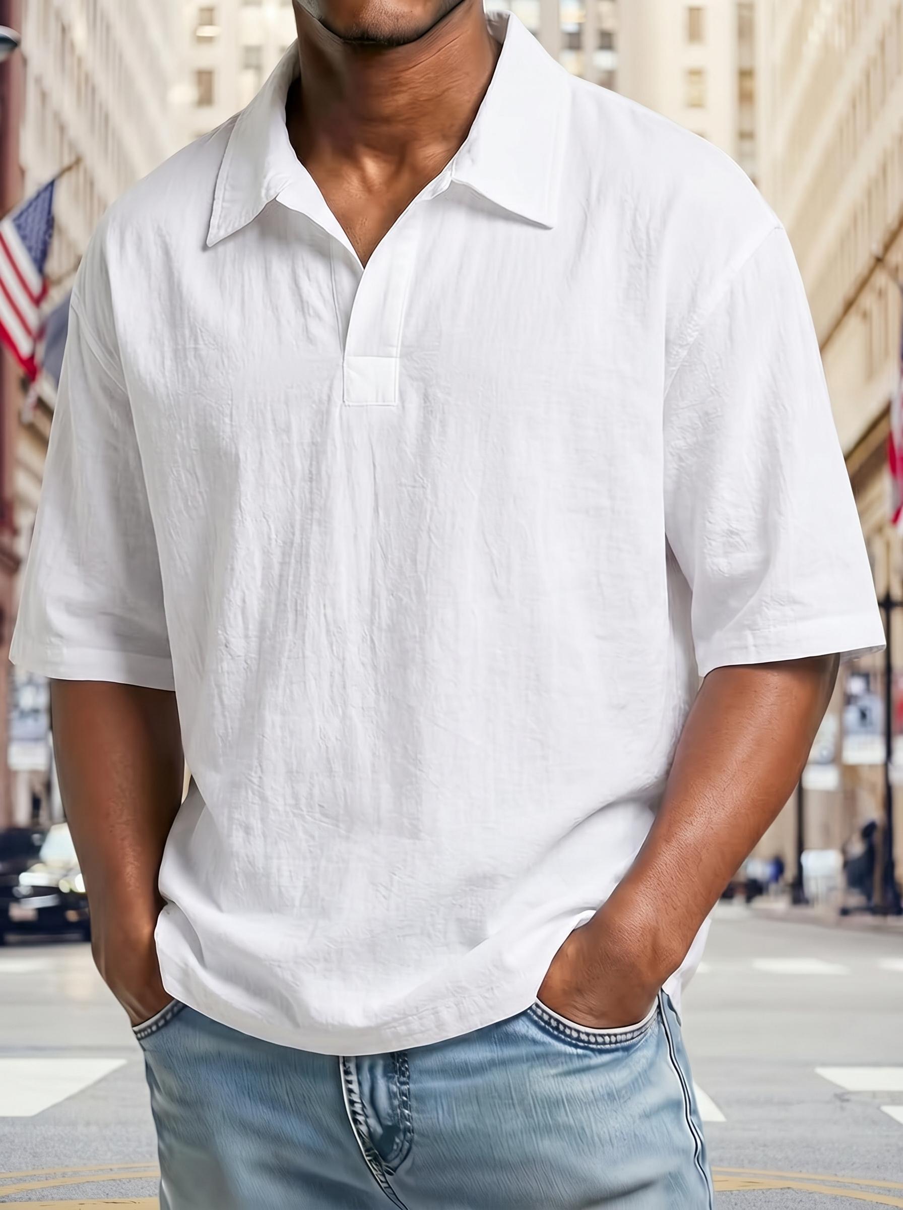 American Retro Men’s Casual Polo Shirt, 2026 New Style, Loose Fit Textured Short Sleeve, Solid Color Turn-Down Collar Top, Mature Style