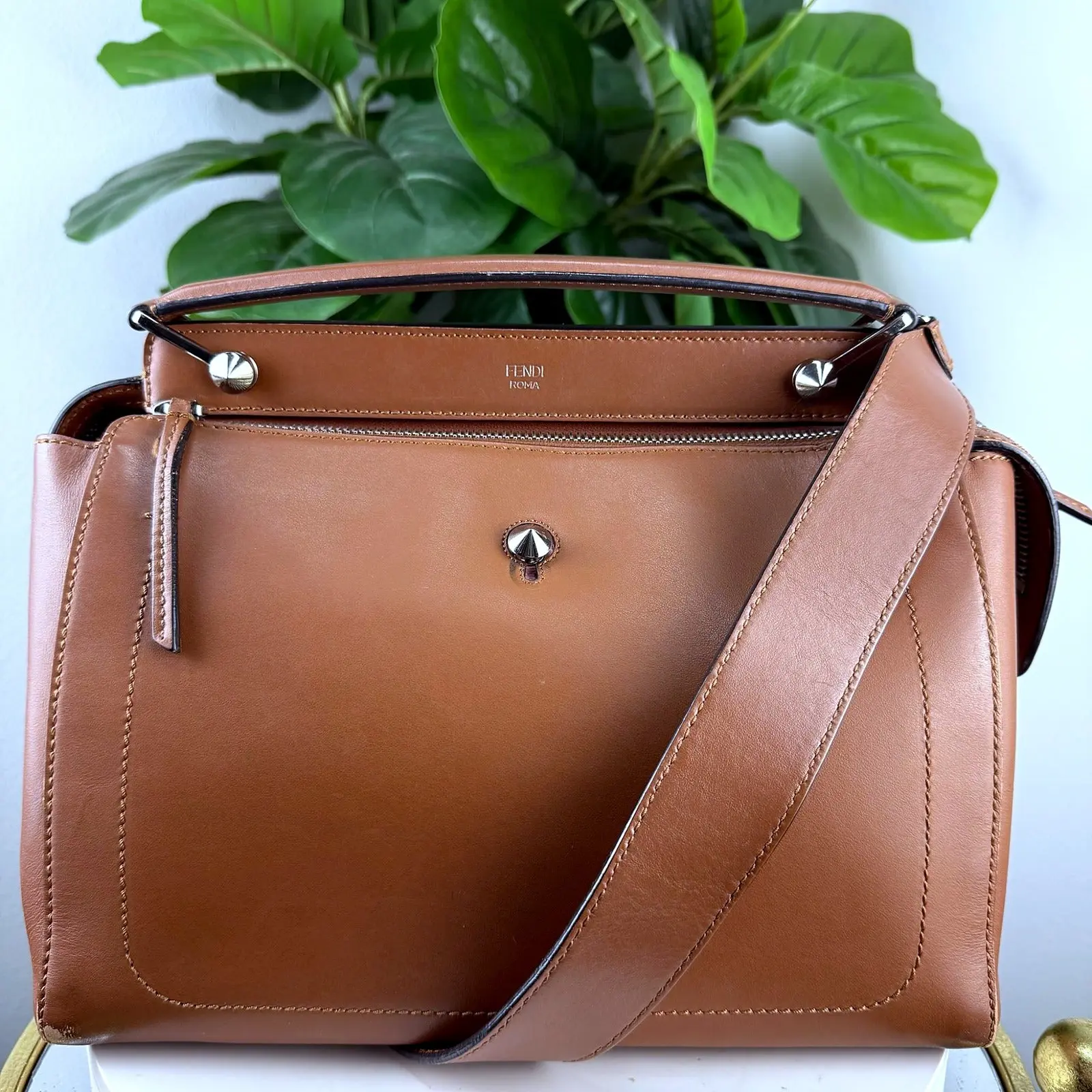 Pre-owned Leather Crossbody bags Authentic Fendi DotCom Cognac Satchel Crossbody Bag