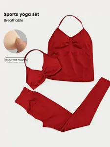 Women's Sporty Bra Tank Top Set, Hanging Neck Sports Bras & Butt Lifting Tight Pants, Removable Padding, Gym Outdoor Running Yoga Wear