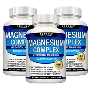 Toplux High-Potency Magnesium Complex Supplement 8 Elemental 1000mg - Magnesium Glycinate, Citrate, Malate, Taurate, Chelated for Easy Absorption for Bones, Muscle, Recovery, Energy, Vegan Non-GMO , 90 Capsules magnesium complex for women and men