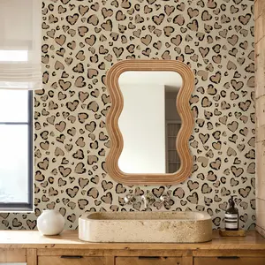 A roll of brown heart-shaped leopard print self-adhesive wallpaper, Bohemian style, waterproof, peel and stick, easy to remove without leaving glue, Valentine's Day decoration, suitable for home decoration, living room and bedroom wall renovation, kitchen