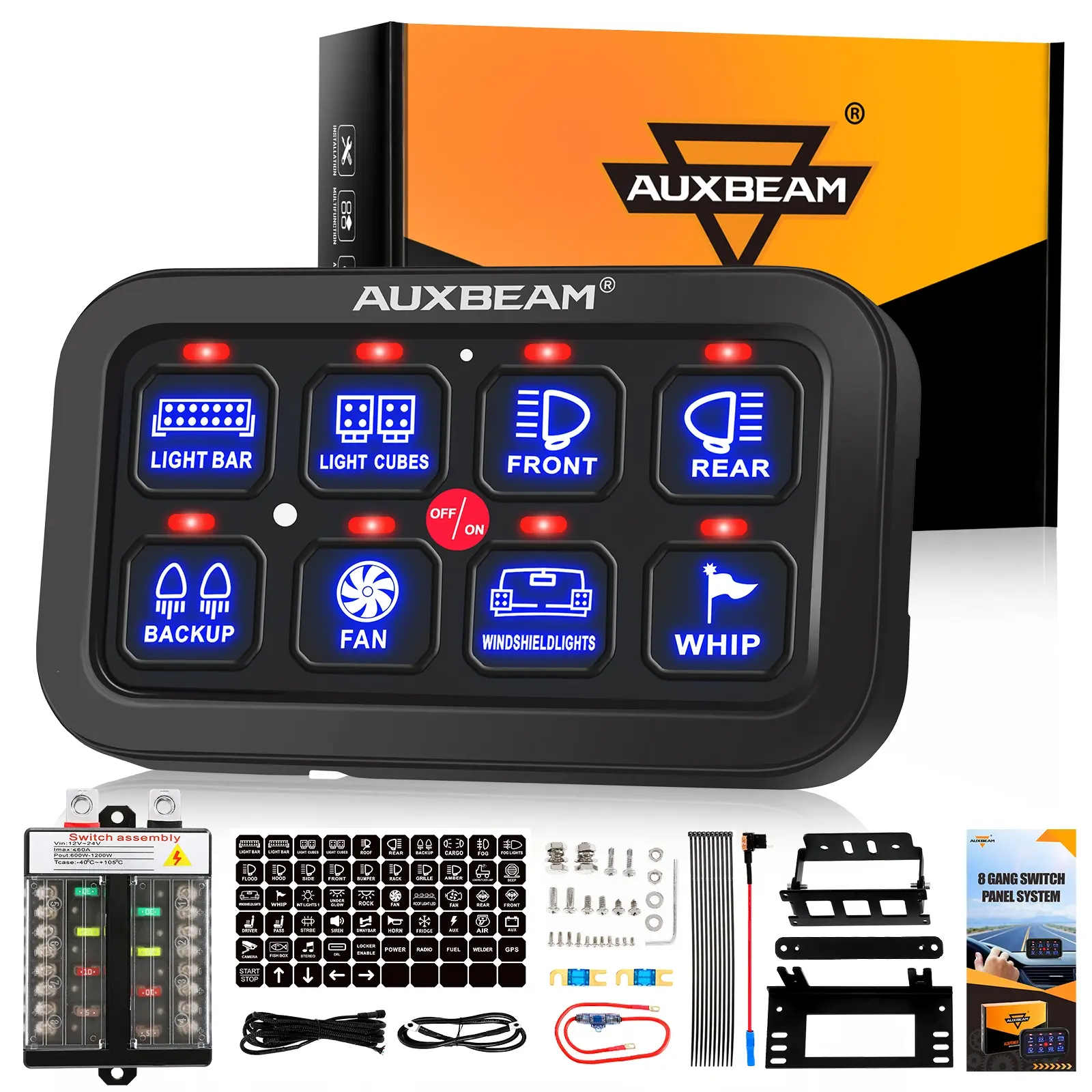 AUXBEAM 8 Gang Blue LED Switch Panel with LED Dimmer Switch & Relay System - 12-24V DC, 600W Max Power, On-Off Control, Light Sensor, 8 Fixture Support, Easy Installation for Outdoor Automotive Use, Father's Day Gift