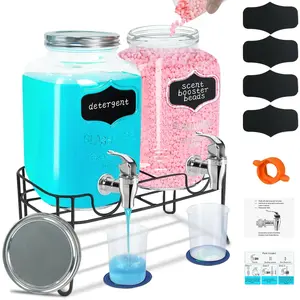 2-Pack 1 Gallon Glass Laundry Detergent Dispenser Set with Bamboo Lids and Stand - Liquid Soap and Fabric Softener Dispensers with Spigots, Cups, Labels and Mats, Laundry Room Organization and Storage