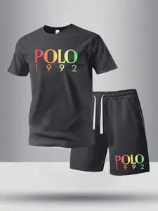 Men’s summer regular-fit cotton short-sleeve T-shirt and shorts set featuring a polo pattern print. Fashionable casual menswear for going out, with pockets and an elastic waistband drawstring. Suitable for running, golf, fishing, basketball, camping, gym,