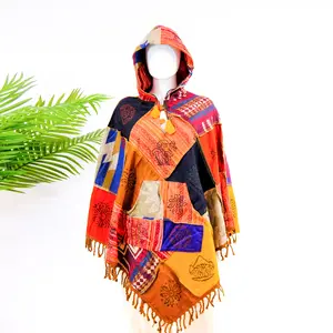 Patchwork Boho Style Warm Unisex Ponchos, Fall/Winter Handwoven Pullover, Oversized Men/Women Colorful Boho Wraps, Retro Style Sweater with Hoodie