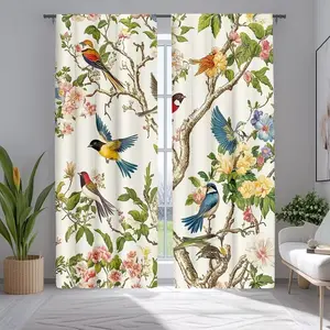 Vintage Bird Print Half-Opaque Curtains Set of 2, Tropical Jungle & Country Floral Patterns, Living Room Decor Drapes