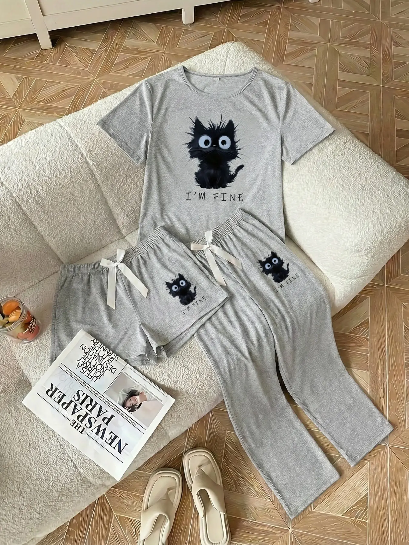 Women's Cute Cartoon Cat Print Sleepwear Set, Casual Loose-Fitting Short Sleeve Pajamas, Pajama Pants, All Seasons Comfortable Nightwear, Womenswear, Loungewear, Home Leisure Wear, Pjs, Lady, Loose Lounge Clothes