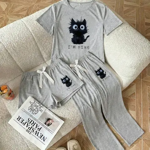 Women's Cute Cartoon Cat Print Sleepwear Set, Casual Loose-Fitting Short Sleeve Pajamas, Pajama Pants, All Seasons Comfortable Nightwear, Womenswear, Loungewear, Home Leisure Wear, Pjs, Lady, Loose Lounge Clothes