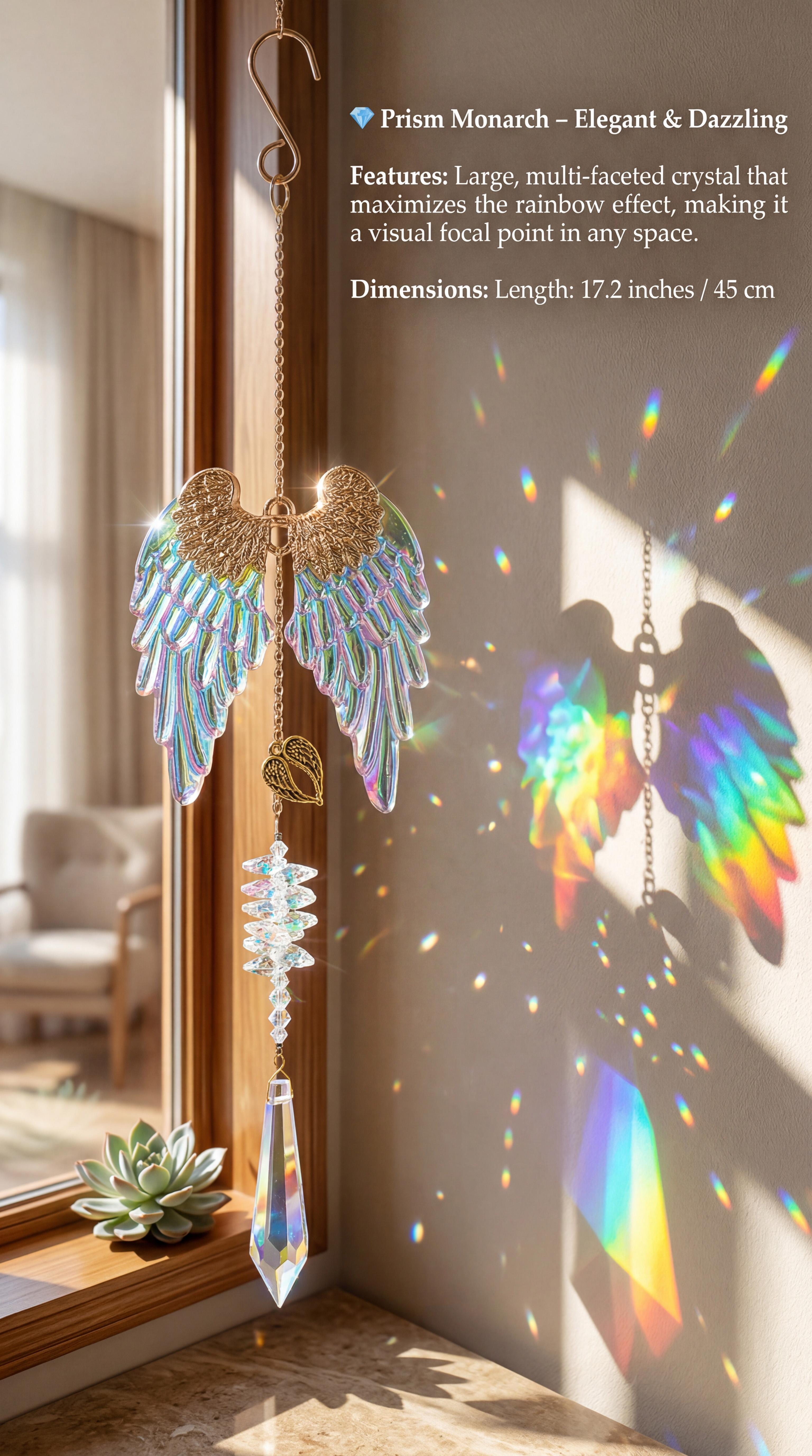 Angel Wing Crystal Sun Catcher 4 Styles - Hanging Rainbow Maker with Heart & Bell for Home Decor , Handmade Crystal Prism Rainbow Maker for Window & Garden  , Crystal Hanging Ornament Gift for Mom & Friends glass christian art office wall  gardening