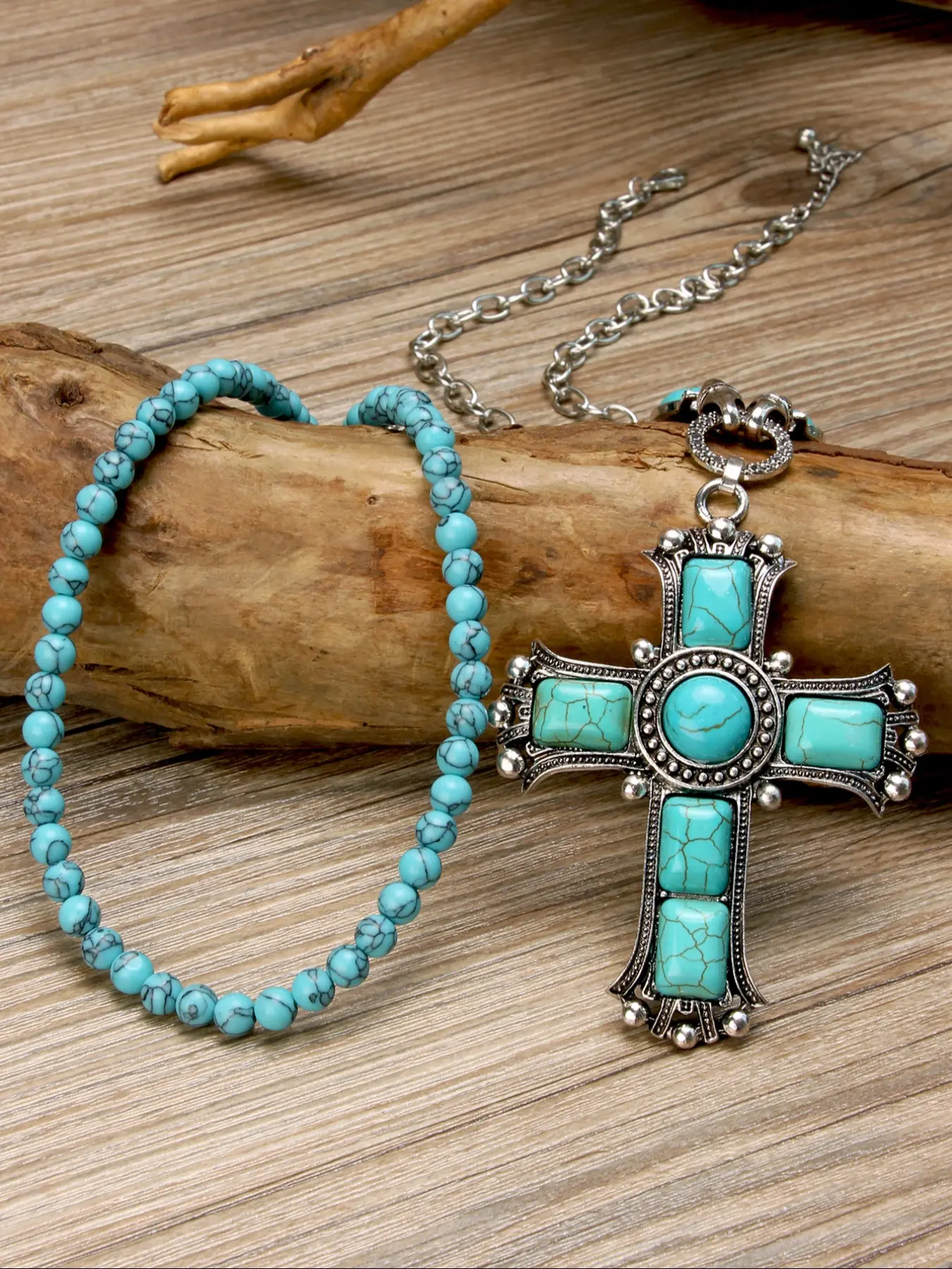 Boho Choker Necklace Set, Dainty Boho Necklace, Vintage Style Turquoise Cross Pendant Jewelry, Blue Stone Beaded Prayer Accessories, Halloween Party Wear, Dainty Necklaces