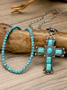 Boho Choker Necklace Set, Dainty Boho Necklace, Vintage Style Turquoise Cross Pendant Jewelry, Blue Stone Beaded Prayer Accessories, Halloween Party Wear