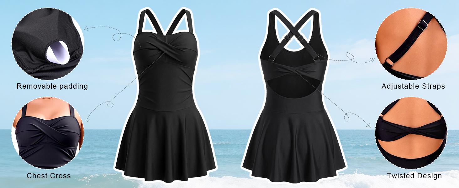 B2LOVER Womens One Piece Swim Dress Tummy Control Swimsuits Chest Cross Swimwear Summer Bathing Suit