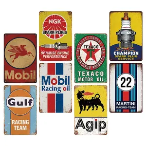 8 Pieces Vintage Gasoline Advertising Racing Metal Signs, Vintage Auto Shop Metal Tin Signs for Garage and Home Decor, Classic Car Wall Art 12x8 Inch