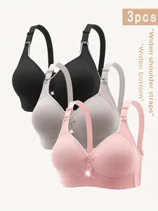 3pcs Set, Printed, Underwear 95% Nylon, 5% Elastane, Shaping, Soft, Wire-Free, Push-Up, Comfortable, Bra, Suitable for Middle-aged and Elderly, Sparkling Rhinestone, Floral Print