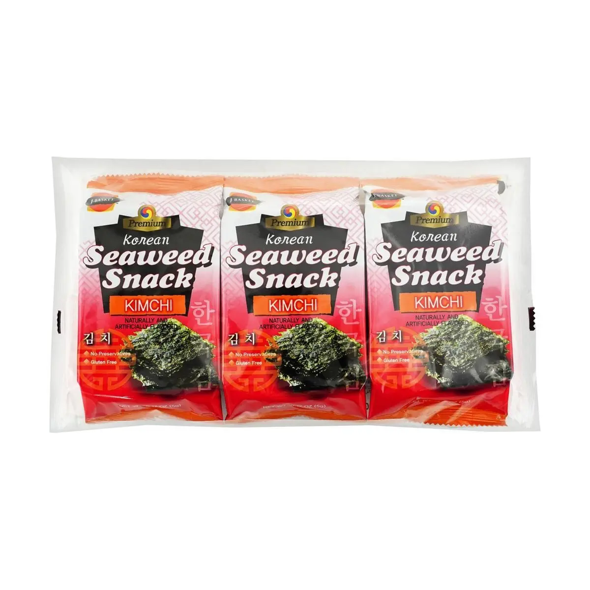 J-BASKET Korean Kimchi Seaweed Snacks - Savory & Crispy, 3 Packs (15g Each)