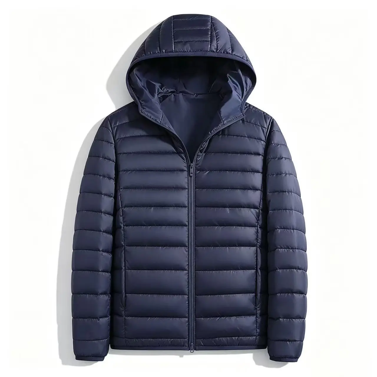 Men's Navy Blue Hooded Puffer Jacket with Zipper Closure and Padded Design for Warmth and Style