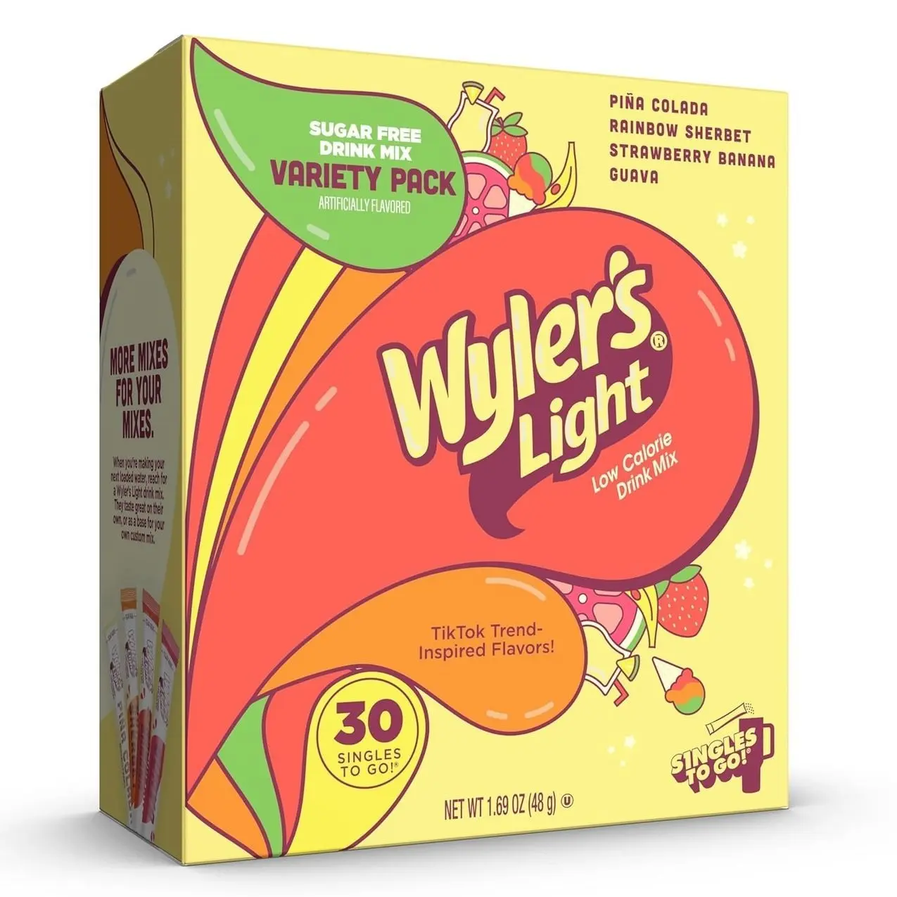 Wyler’s Light Island Flavors Variety Pack, Singles To Go Sugar Free Drink Mix, Low Calorie Water Enhancer, 30 Sticks, Piña Colada, Rainbow Sherbet, Strawberry Banana, Guava