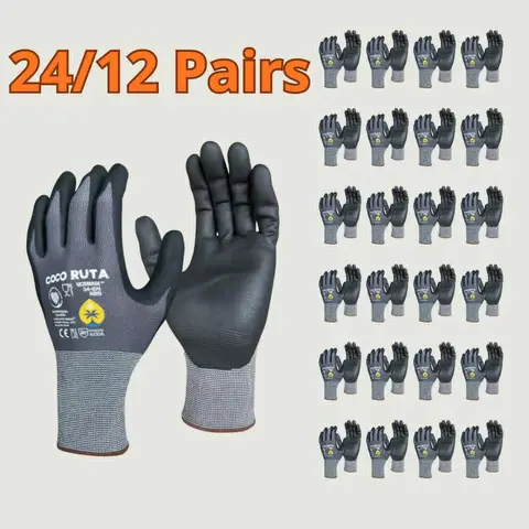 24/12 Pairs COCO RUTA Gloves 34-874 Safety Gloves | Guantes Para Trabajo - COCO RUTA Gloves For Men Nitrile Micro Foam Grip Palm Comfortable Fit Construction Gear