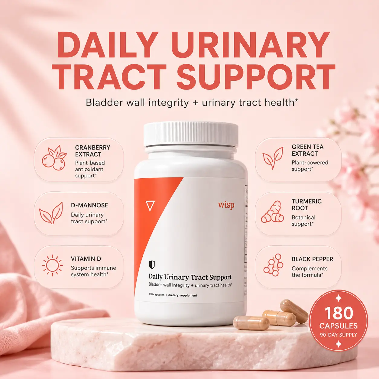 Wisp Daily Urinary Tract Support Capsules | D-Mannose + Cranberry for Bladder & Urinary Health | Women's Wellness Supplement | 90-Day Supply