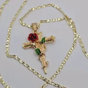 CROSS WITH RED ROSE beautiful  necklace style gold-plated regular chain 18"inches 24"inches available