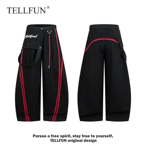 Men's Y2K Retro Red Stripe Baggy Barrel Jeans High Waist Cargo Pocket Streetwear Denim Pants with Embroidery & Drawstring