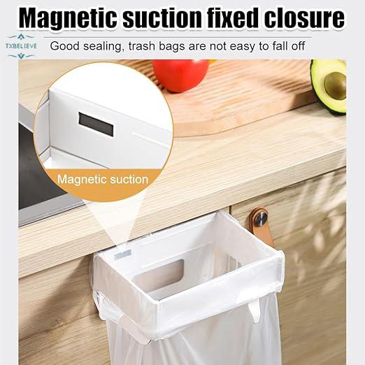 Foldable Trash Bag Holder, Hanging Waste Garbage Can Rack Magnetic Closure Waste Bag Hanger Racks with Fixing Snap for Kitchen Cabinets Doors