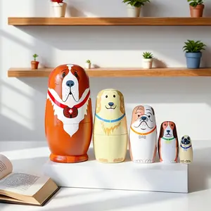 Set of 5 Dog Nesting Dolls - Adorable Handmade Wooden Matryoshka Stacking Toys for Children, Kids & Dog Lovers- Cute Figurine and Decorative Ornament for Home Decor, Office Desk, Bookshelf - Unique Gift Idea for Birthday, Easter, Halloween & Christmas