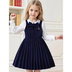 Chic Little Girls Pinafore Dress | Trendy Navy Blue Pleated Skirt & Bow Accent Jumper Outfit | Versatile Kids Long Sleeve Dress for Everyday Wear, School or Spring Fall Events | Adorable Toddler Girl Clothes | Ideal Birthday Gift for Ages 4-7