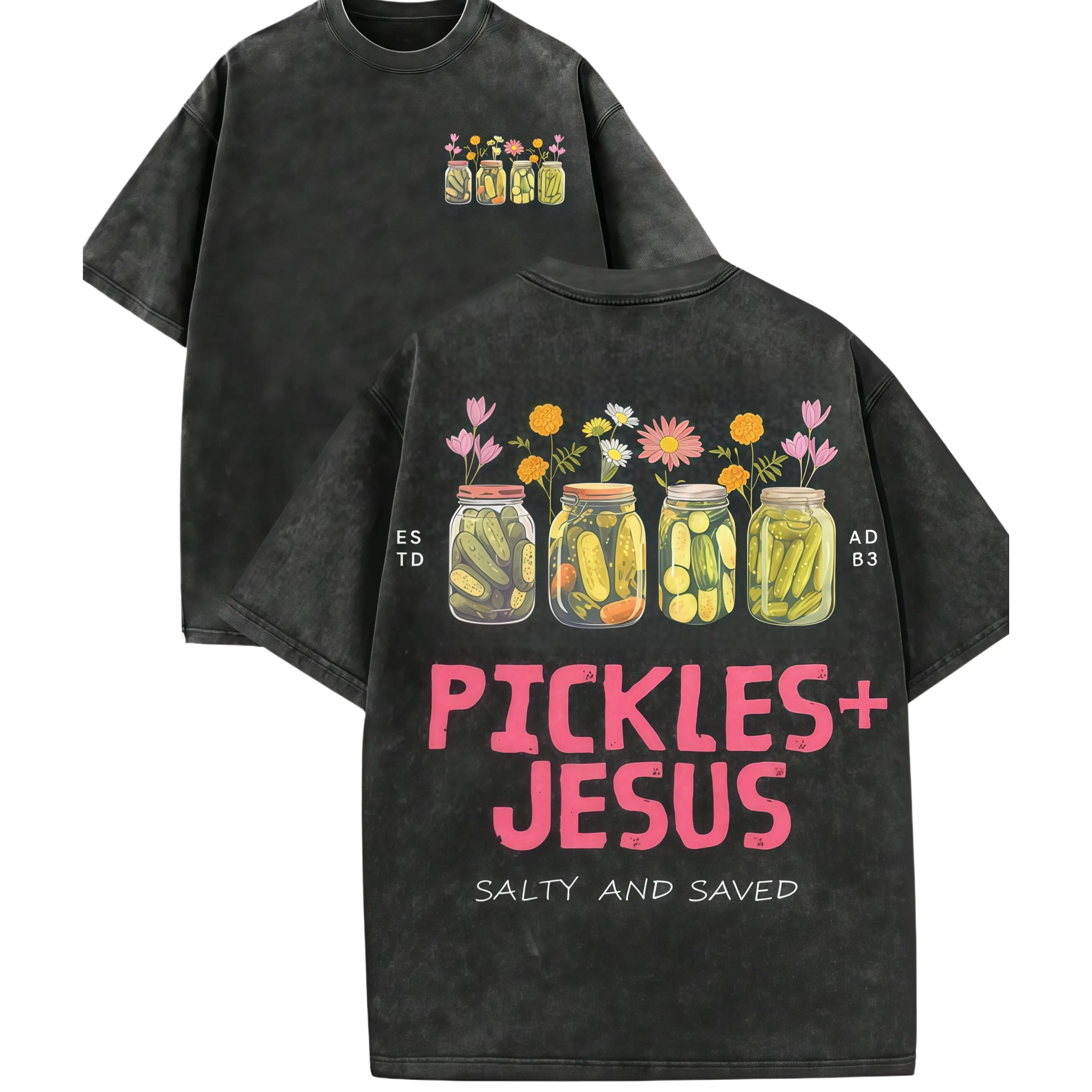 Cute Retro Vintage Pattern T-Shirt, Pickled Cucumber Glass Jar With Flower Pattern T-Shirt, PICKLES+JESUS, funny graphic tee, men’s trendy t-shirts, deals, humorous, 90s, streetwear, covenant, penny tees, meme, boyfriend, good graphic, sluggy Menswear Top
