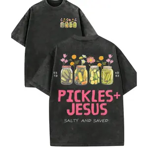 Cute Retro Vintage Pattern T-Shirt, Pickled Cucumber Glass Jar With Flower Pattern T-Shirt, PICKLES+JESUS, funny graphic tee, men’s trendy t-shirts, deals, humorous, 90s, streetwear, covenant, penny tees, meme, boyfriend, good graphic, sluggy