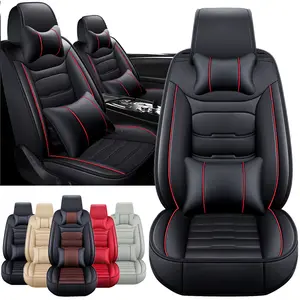 Arespark 5 Seats Full Set Car Seat Covers, Luxury Waterproof Nappa Leather Cushion Protectors, 40/60 Split Front and Rear Bench Seat, Full Surround Car interior Cushions, Universal Fit for Cars Sedans SUVs - (Black/Red Line) #Black Friday & Cyber Monday