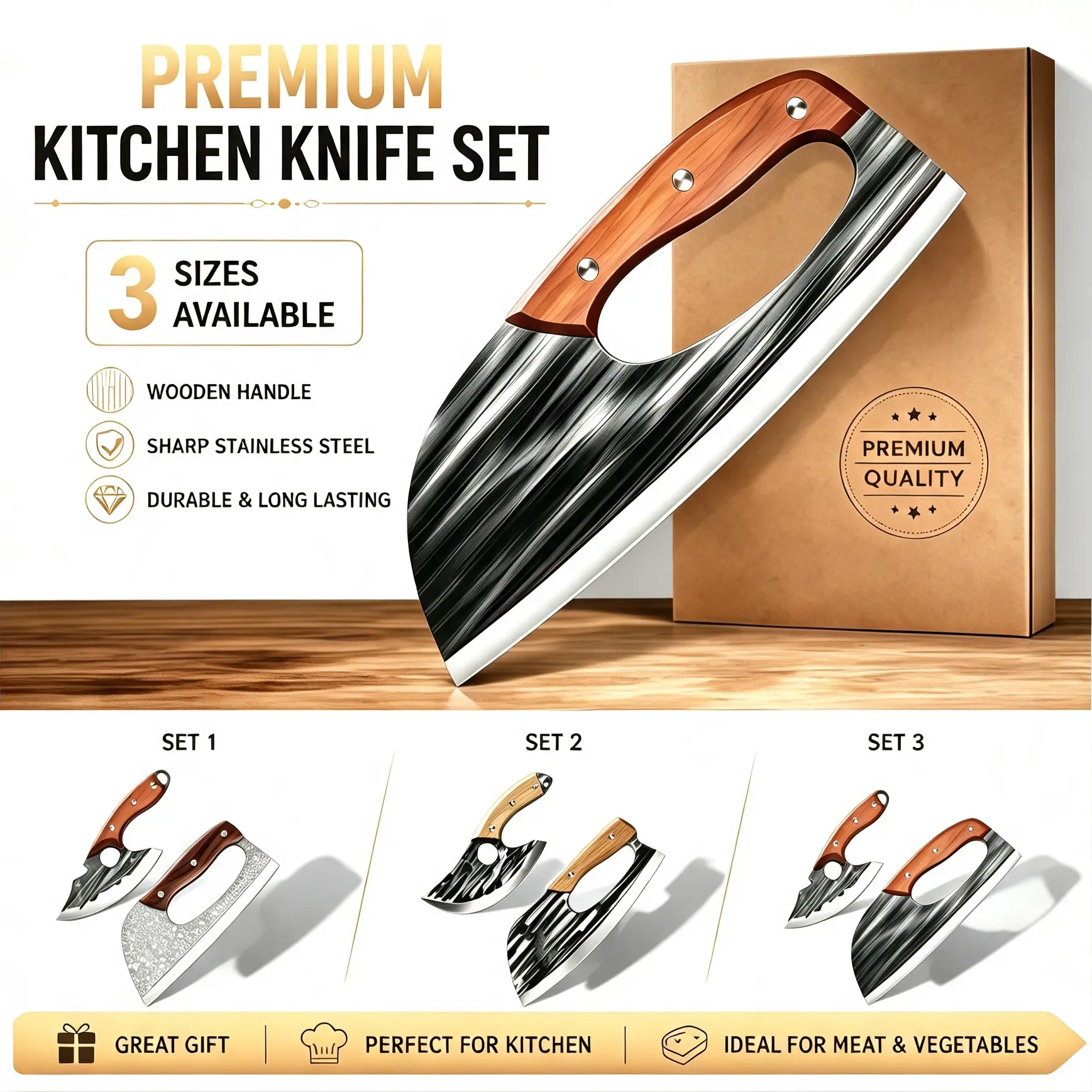 2 Pcs Meat Cleaver Knife Set, Effort Saving Meat Cleaver for Cutting Meat Vegetable, Sharp Carbon Steel Cooking Viking Knife with Leather Sheath for Kitchen, Camping, Outdoor Cooking, BBQ Gift