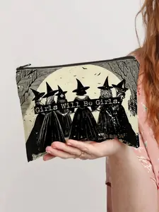 Girls Will Be Girls" Witchy Vintage Halloween Canvas Pouch, Makeup Organizer Pouch – Spooky Chic Makeup & Accessories Bag for Cosmetics, Chargers, Candy, Tools | Perfect Gift for Friends, Sisters, Coworkers, or Yourself