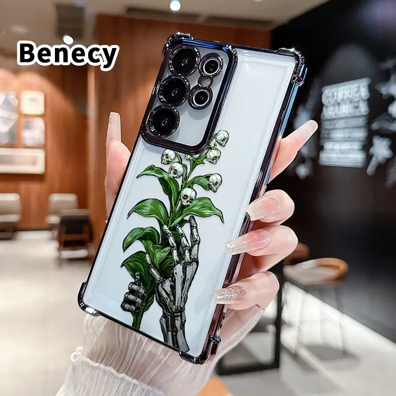 Compatible with Samsung Galaxy S26 Ultra S24 Plus S25 S22+ FE Edge Phone Case Mecha - Skull Lily Pattern Transparent Full Coverage Four Corners Anti-drop Casing