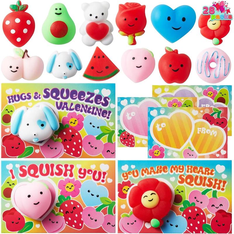 28 Valentine's Day Cards with Kawaii Mochi Squishy Toys – Perfect for Kids' Party Favors, Classroom Gift Exchange & Prizes