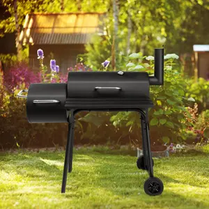 【Summervibes】Barrel Charcoal Grill with Offset Smoker, All Metal Outdoor Smoker with Side Table and Wheels for Outdoor Garden Patio and Backyard Cooking