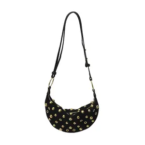 Studded Hobo Shoulder Bag for Women and Girls 2026 Punk-Inspired Bold Golden Studs Adjustable Strap Spacious Practical Timeless Fashion