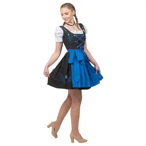 Short Black Traditional Dirndl Dress Set with Blue Apron and White Crop Top Blouse