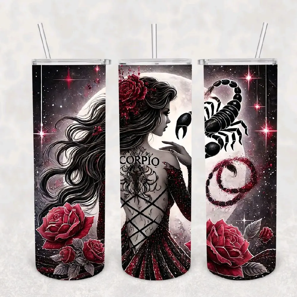 Scorpio Zodiac 20oz Tumbler - Gothic Astrology Stainless Steel with Lid & Straw, Featuring Red Rose Design and Gemstone Details - Water Bottle, Drinkware Portable