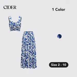 Cider [size 2-10] Boho Floral Print Smocked Crop Top & Wide Leg Pants Set, Summer Vacation Matching Set, Beach Outfit