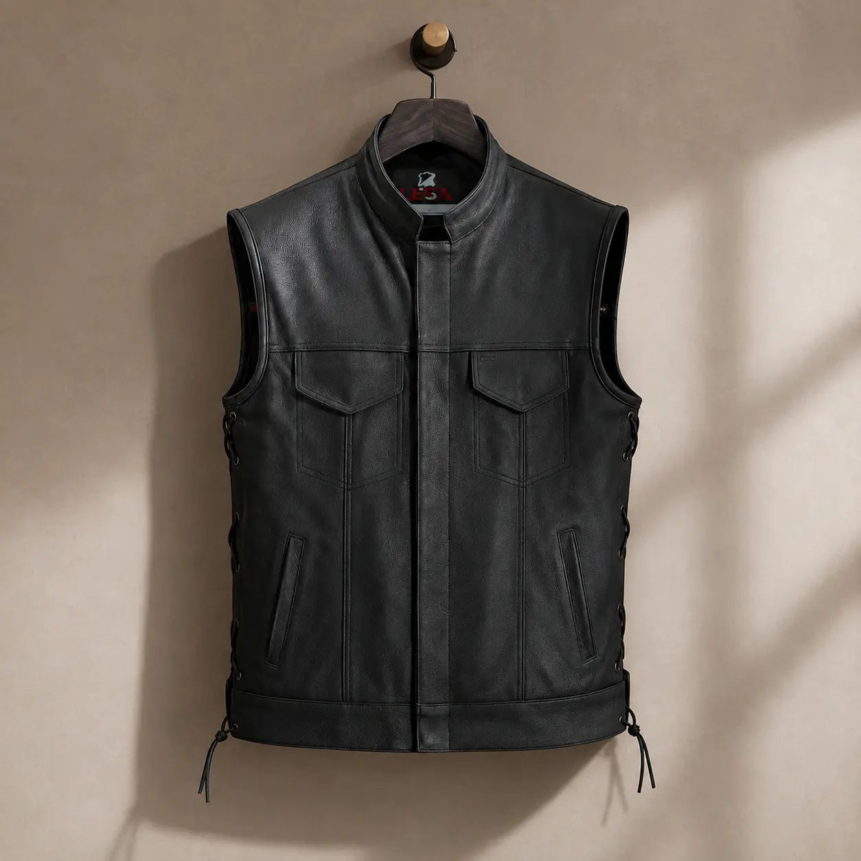 Men’s Black Leather Motorcycle Vest with Collar – Cowhide Biker Vest with Side Laces, Concealed Carry Pockets & Adjustable Fit
