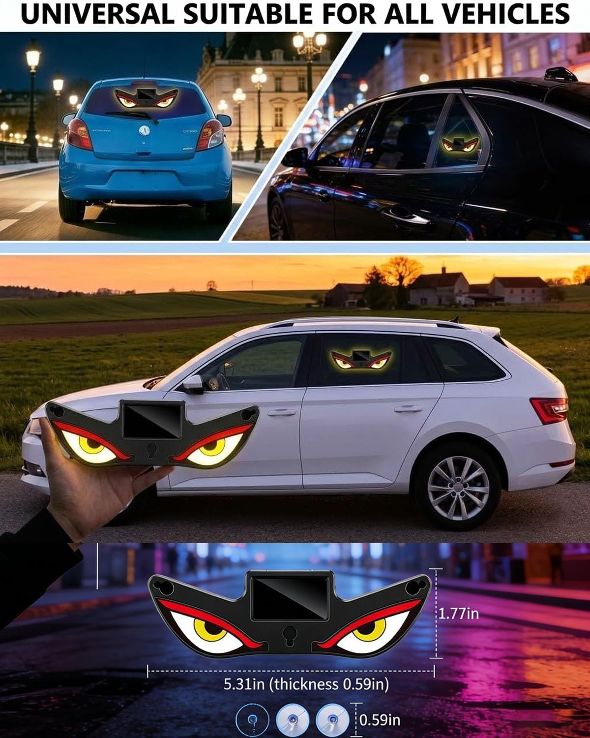 Solar Powered Devil Eyes LED Car Light, Dynamic Windshield Ambient Lamp | Vibration & Light Sensor, USB-C Rechargeable, 5 Dynamic Lighting Modes with security rgb shape heart