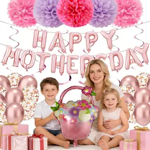 Mother's Day Rose Gold Letter Aluminum Foil Balloon Basket, Sparkle Balloons, Happy Mother's Day Decorations, Party Supplies