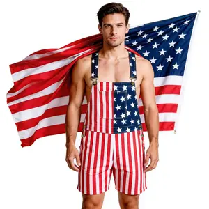 Stars and Stripes Raw Hem Overalls Unisex Stretchy Soft Breathable Summer Bib Pants for Memorial Day Parades Music Festivals Casual Beach Vacation Getaway