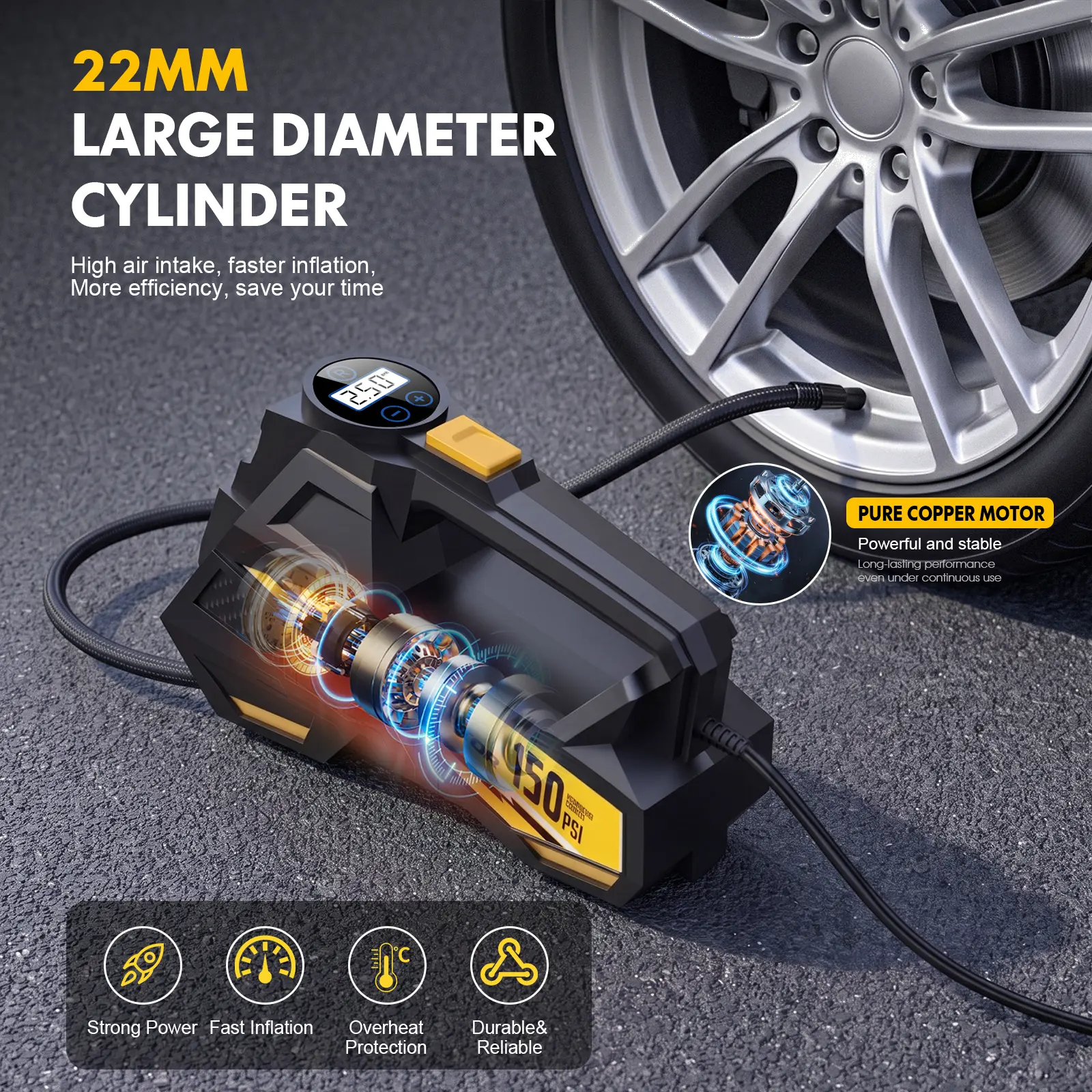 Tire Inflator Portable Air Compressor, 150PSI Air Pump for Car Tires, Bike Pump with Tire Pressure Gauge & LED Light, 12V DC Tire Pump for Cars, Motorcycles,  cars accessories,car stuff  Automotive Maintenance Tools tire inflator portable