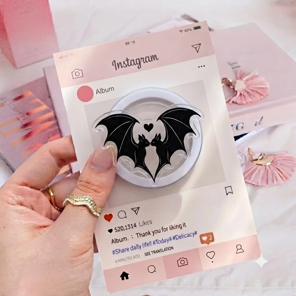 Romantic Bat Couple Acrylic Phone Grip - Aesthetic Black Gothic Phone Stand for Trendy Smartphone Decor and Secure Grip