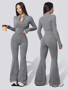 Women's Two-Piece Set, Knit Tracksuit Matching Set, Autumn Winter Knit Ribbed Jacket & High-Waisted Flare Pants, Casual Fitted Outfit for Yoga Gym, Sporty Style Outfits