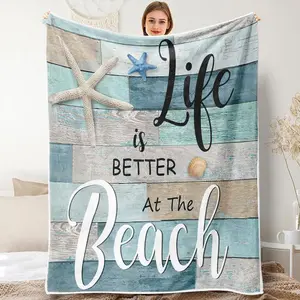 Beach Throw Blankets, Rustic Vintage Wood Ocean Quote Words Summer Flannel Warm Soft Cozy Fluffy Bed Couch Blanket, Nautical Coastal Starfish White Flannel Throws to Decorate Room Bedroom