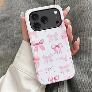 Pink checkered ribbon and bow design, durable and shockproof two-in-one phone case, suitable for iPhone 17, 16, 15, 14, 13, 12, 11, X, Samsung and other series models. Can be given as a holiday gift to friends or family.