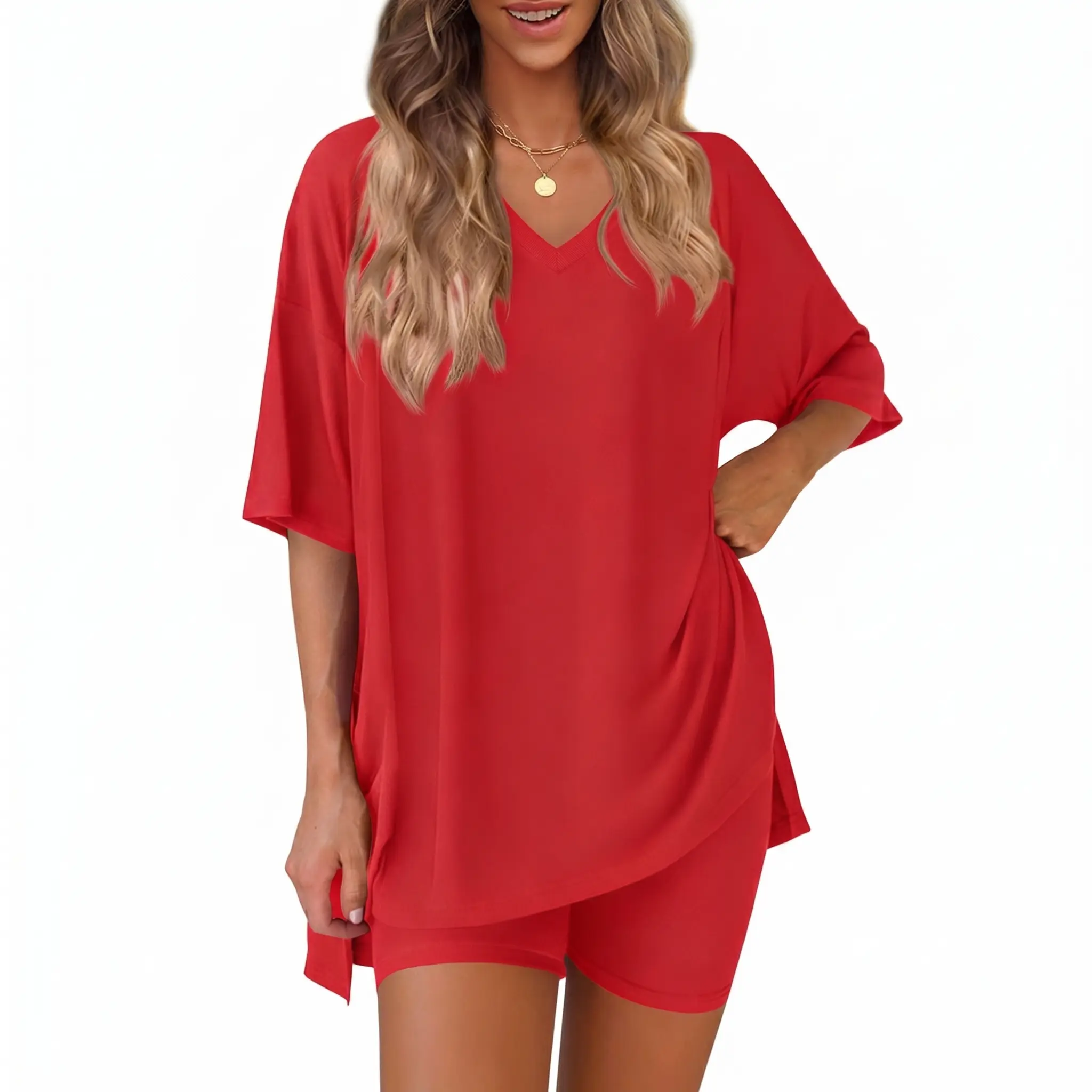 Women's 2 Piece Outfits Lounge Sets V Neck Oversized Short Sleeve Tunic Tops and Biker Shorts Tracksuit Casual Sweatsuits